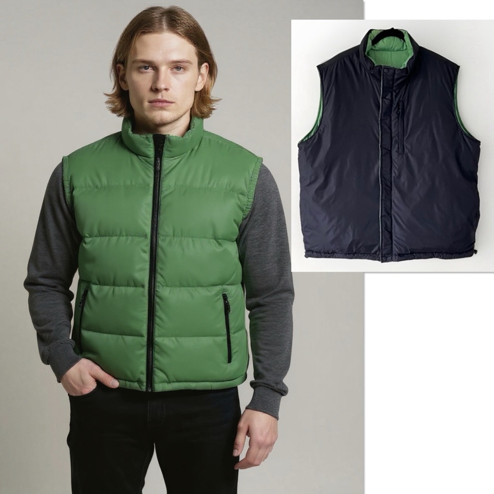 Lands End Men's Green and Black Reversible Goose Down Puffer Vest Size XL